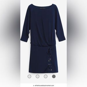WHBM Dolman Sleeve Lace-Up blouson dress. Flattering, navy blue subtle shimmer.